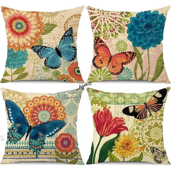 Aaekzj Spring Summer Pillow Covers 16x16 Set of 4 Farmhouse Throw Pillow Covers Linen Flower Butterfly Decorative Pillowcases for Sofa Couch Living Room Outdoor