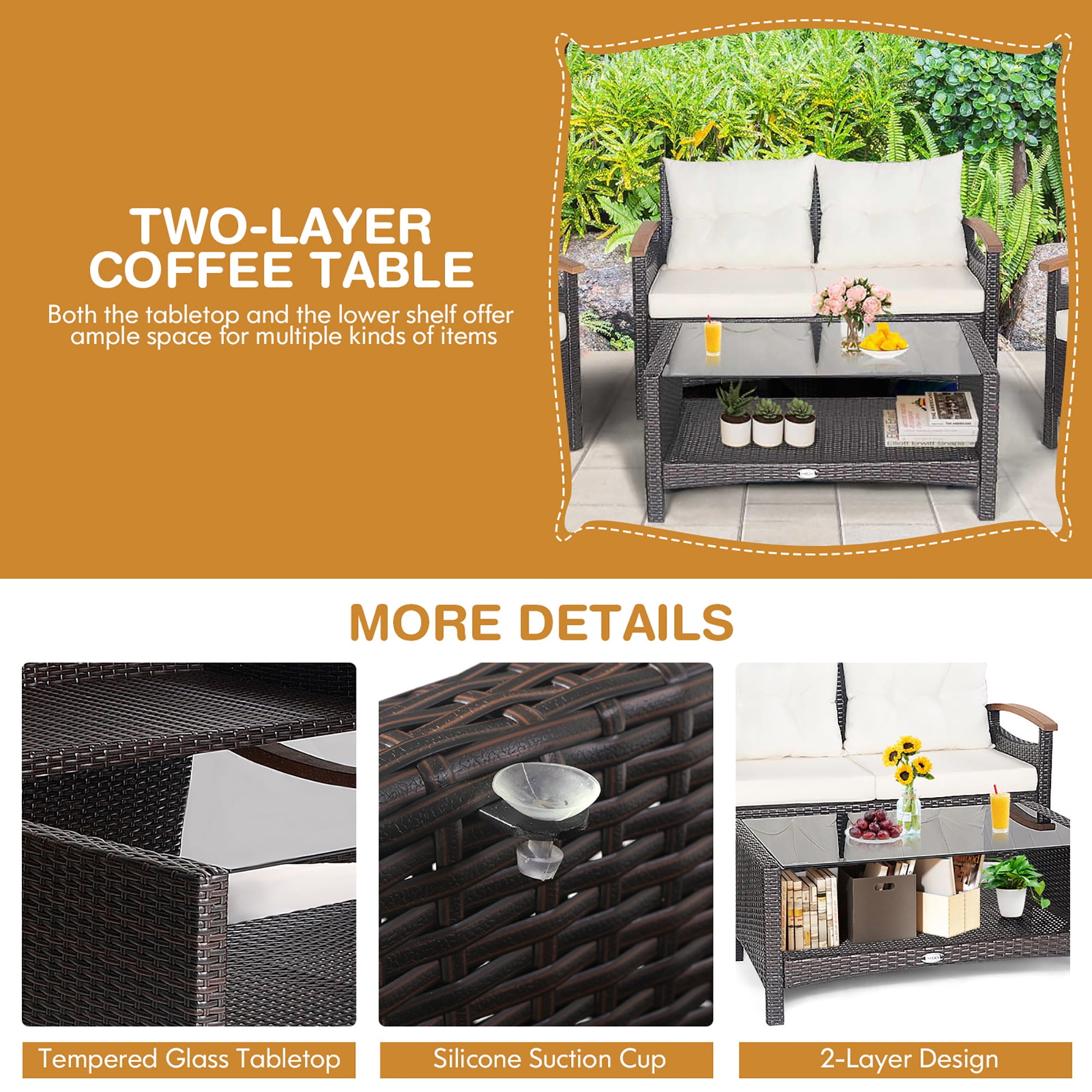 Costway 4PCS Patio Rattan Conversation Set Cushioned Sofa Storage Table Off White