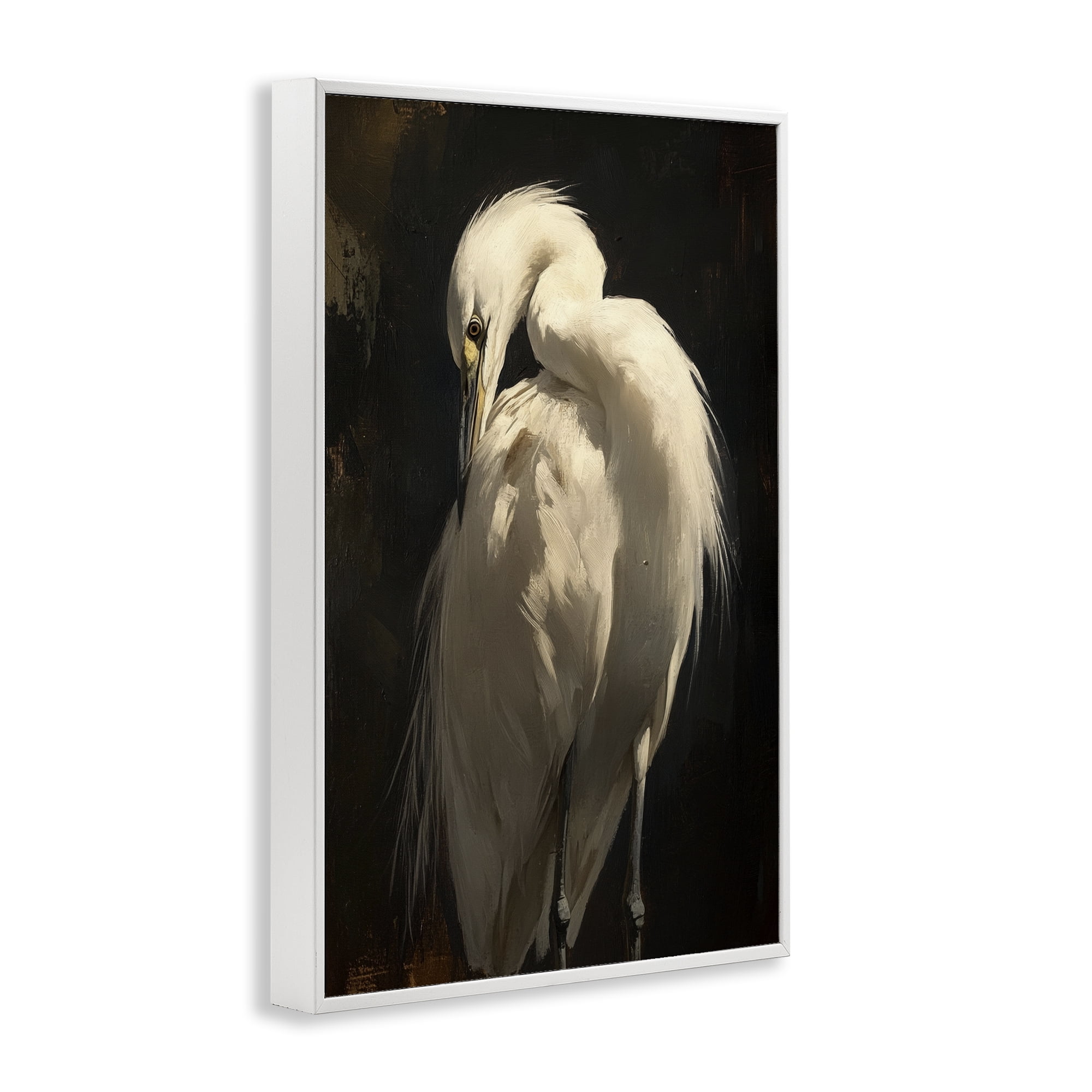 Stupell Industries Feathered Egret in Soft Light White Framed Giclee Art, design by Petal Prints Design