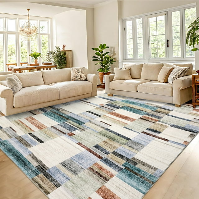 5x7 Machine Washable Area Rug - Modern Geometric Low Pile Non-Slip Carpet for Living Room, Bedroom & Nursery