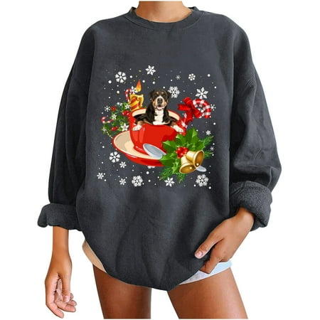 

Ugly Sweatshirt Women Oversized Crew Neck Solid Shirts Cute Doggy Print Sweatshirts Simple Pullover