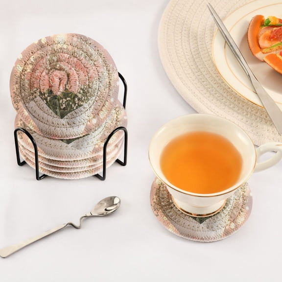 BZSMCE 6Pcs Drink Coasters With Holder 3.94Inch Pink Roses Creative Coil Coaster Coasters Colors Absorbent Coasters for Drinks Coasters Set Thicken Heat for Home Table