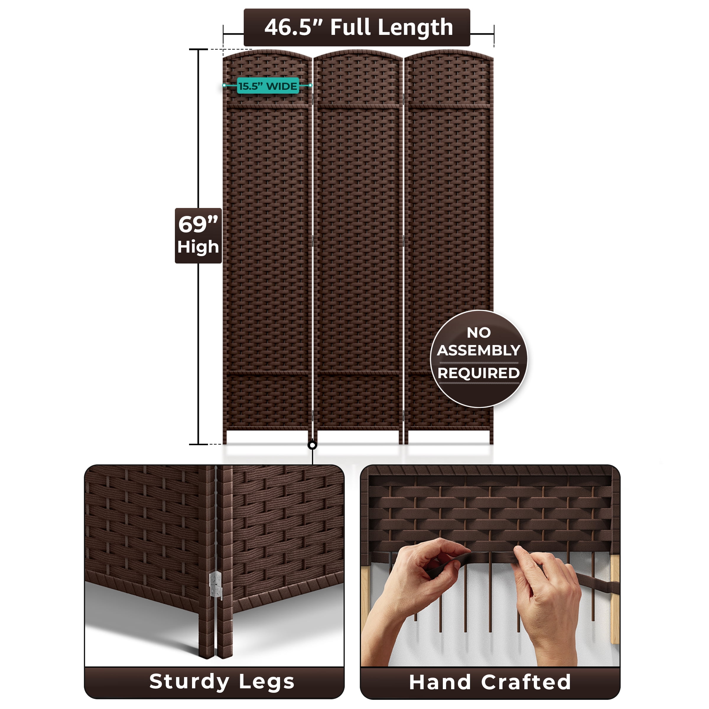 Sorbus 3-Panel Wide Folding Room Divider Privacy Screen, Hand-Woven Chocolate Mesh