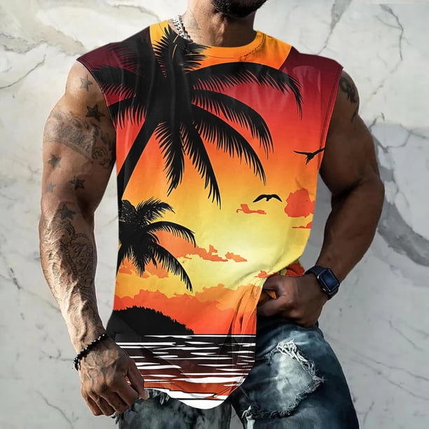 Camiseta sin mangas de cuello redondo para hombre, informal, a la moda, con estampado, sin mangas, deportiva, con cuello redondo
