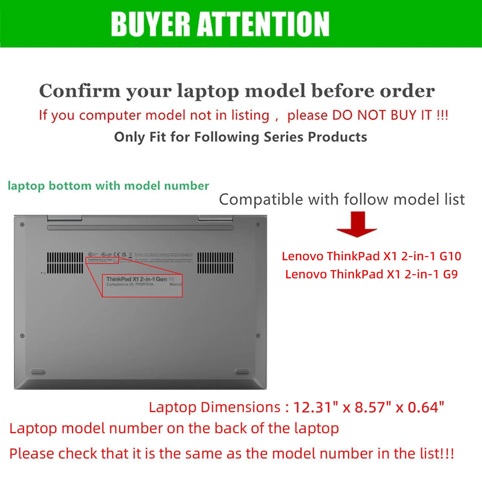 Laptop Cover Case for Lenovo ThinkPad X1 2-in-1 Gen10/Gen9[not Compatible with Any Other Model] 2-in-1 Detachable PU Leather Shell Notebook Sleeve(Black)