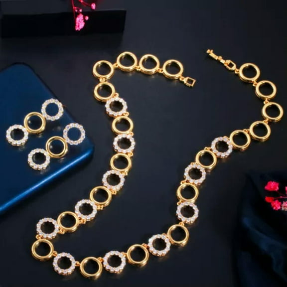 Dubai 585 Gold Color CZ Round Necklace Earrings Jewelry Set for Ladies Costume