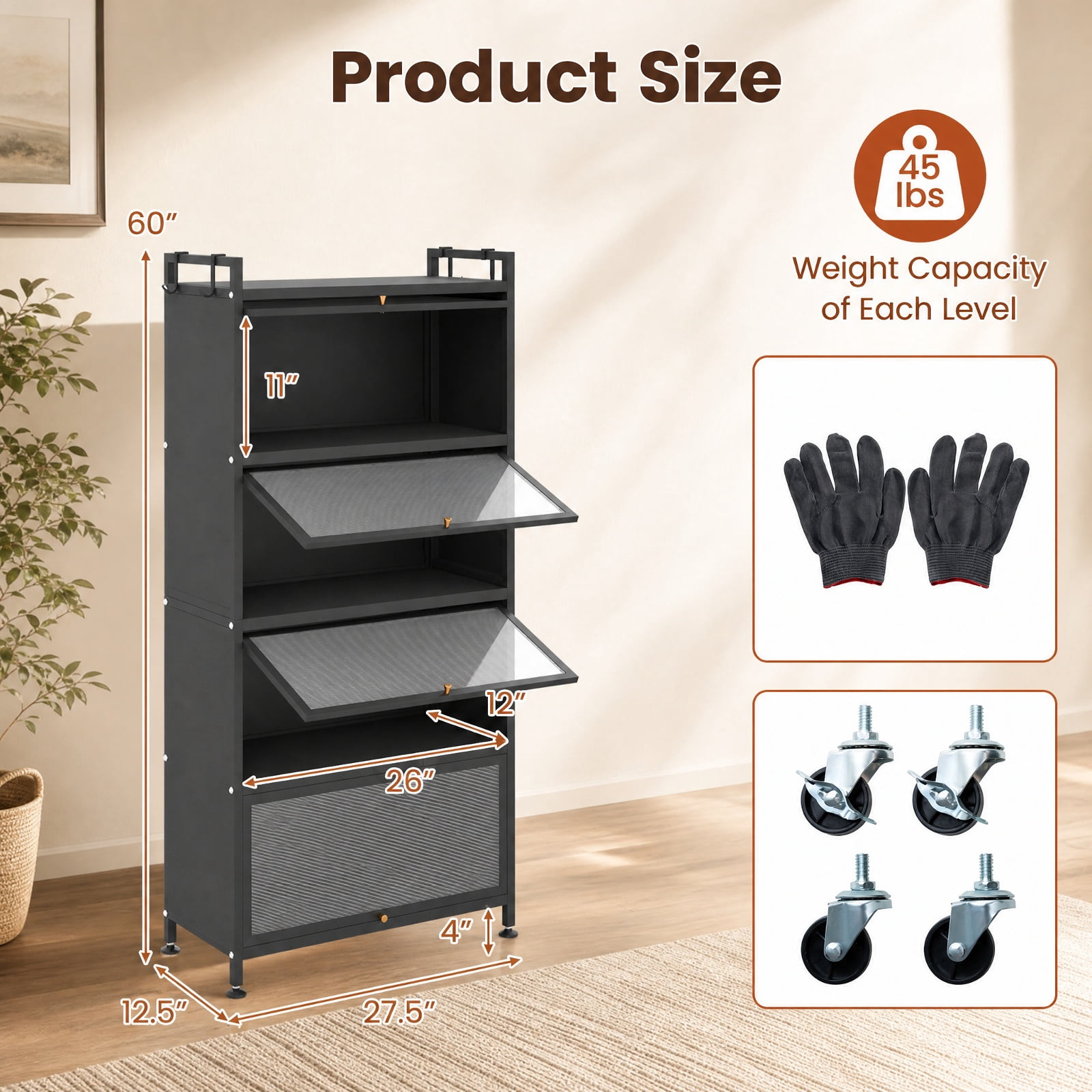 Furnibear 5 Tier Kitchen Storage Cabinet with 4 Flip Up Doors Rolling Wheels and Hooks Tall Metal Pantry for Kitchen and Garage, Black