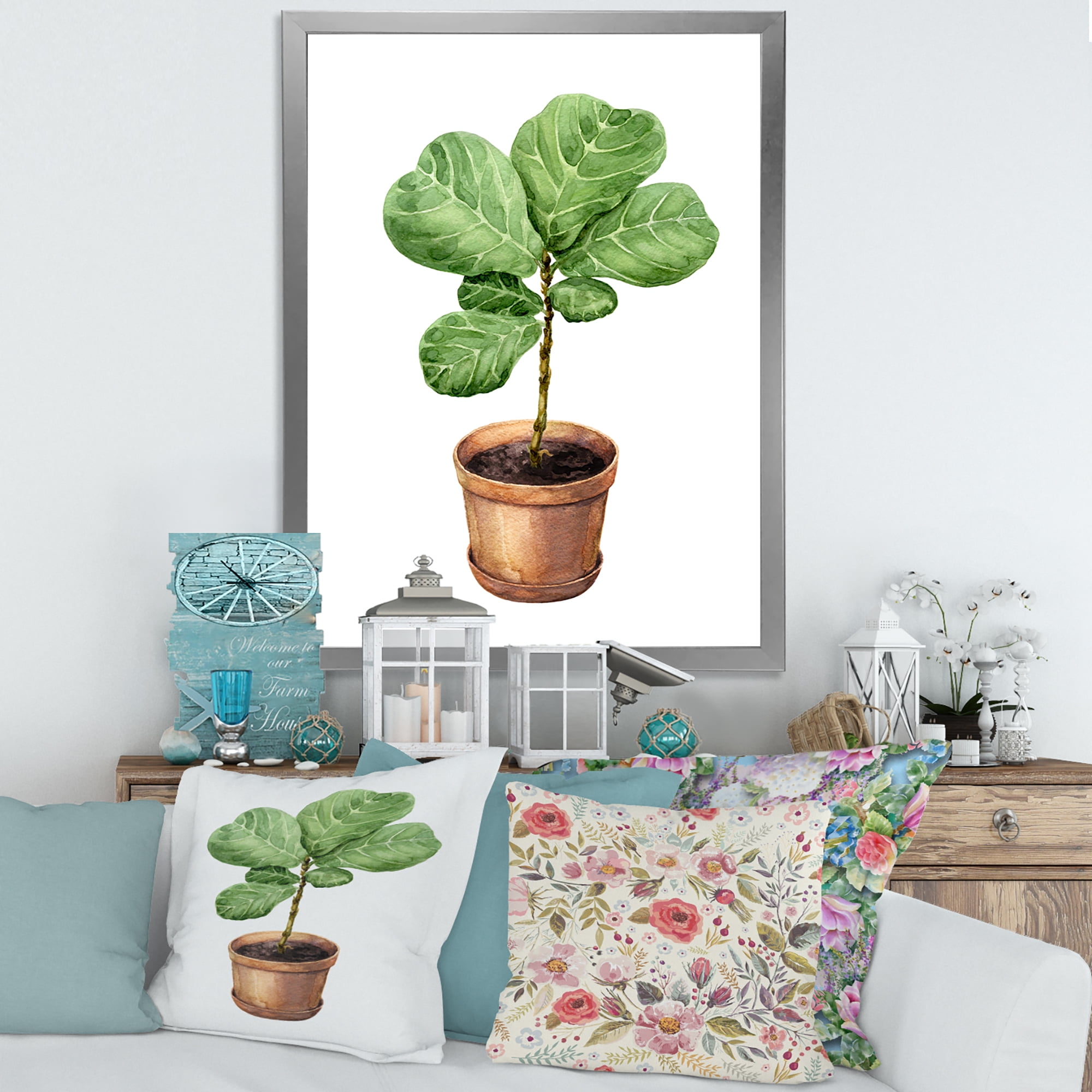 Designart 'Ficus Lyre Plant In Clay Flowerpot' Traditional Framed Art Print
