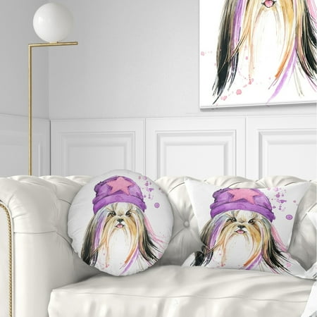UPC: 0671131499065 | DESIGN ART Designart Stylish Puppy with Purple Hat Animal Throw Pillow 12 in. x 20 in. Medium