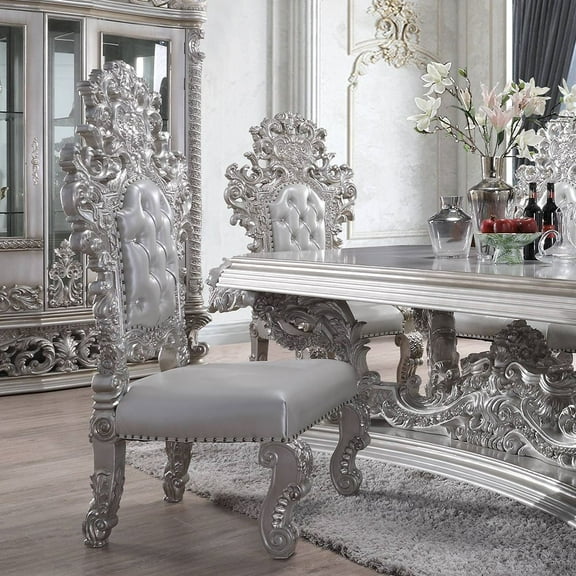 Acme Valkyrie Side Chair (Set-2), Synthetic Leather, Antique Platinum Finish