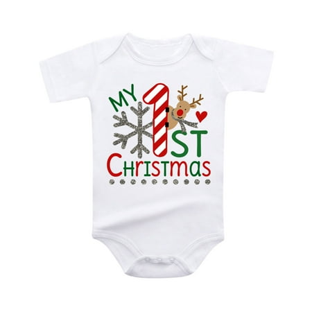 

ZMHEGW Boys Girls Short Sleeve Christmas Cartoon Letter Print Romper Bodysuit Fall Bodysuit Comfort Sports Baby s Jumpsuit