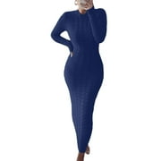 Calzi Womens Winter Long Sleeve Dress Mock Neck Sweaters Dress Casual Plain Maxi Dress Navy Blue L