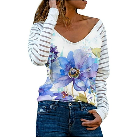 

Women s Spring Fashion O Neck Stripe Loose Printed Patchwork Blouse Tops Pullover Ladies Summer Boho Hawaiian T-shirts Sexy Going Out Y2k Trendy Blouses Casual Loose Fit Sweatshirts corset tops