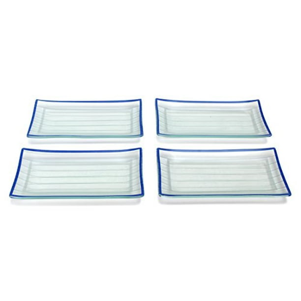 GAC Rectangular Tempered Glass Salad/Dessert Plate Set With Blue Trim