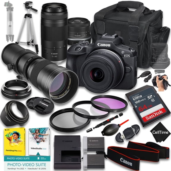 Canon EOS R50 Mirrorless Camera with RF-S 18-45mm f/4.5-6.3 IS STM And RF 75-300mm f/4-5.6 & 420-800mm f/8 Lens   64GB Memory   Extra Battery   More (24pc Bundle) (International Version)