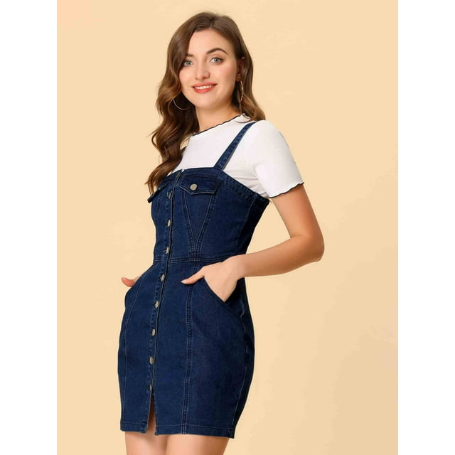Unique Bargains Women's Jean Button Down Adjustable Strap Denim Suspender Skirt