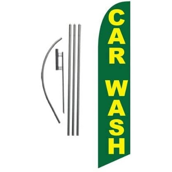 Car Wash Advertising Feather Banner Swooper Flag Sign with Flag Pole Kit and Ground Stake, Green and Yellow, Car Wash Signs