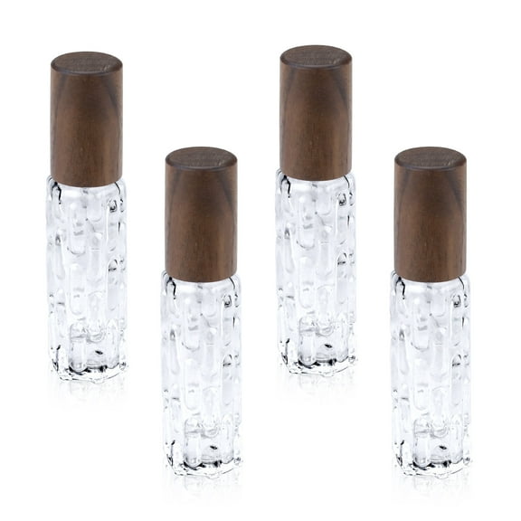 LELE LIFE 4 Pack Perfume Travel Refillable Bottle with Wood Lid, 10ml Atomizer Cologne Sprayer, Clear Glass Mini Spray Dispenser Empty for Refill, Walnut Wood