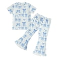 thumbnail image 4 of Xyant Toddler Girl Clothes Summer Cute Outfits Bow Print Short Sleeve T Shirt Tops Bell Bottom Pant Little Girls Spring Outfit (Sky Blue,2-3 Years), 4 of 4