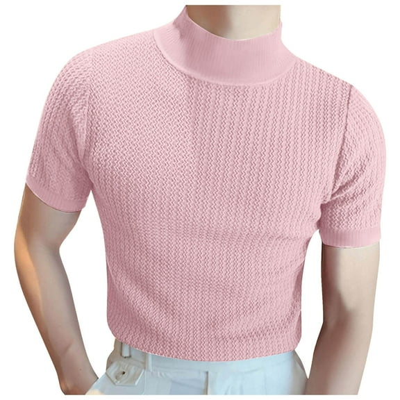 Men's Summer Knitted High Neck Short Sleeve Casual T-Shirt Solid Color Round Neck Pleated Top Breathable Comfort Fit Mens T-Shirts Solid Color Sleeve Casual Crew Neck Basic Tees