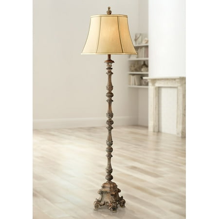 Regency Hill Rustic Floor Lamp French Faux Wood Antique Candlestick Beige Silk Bell Shade for Living Room Reading Bedroom