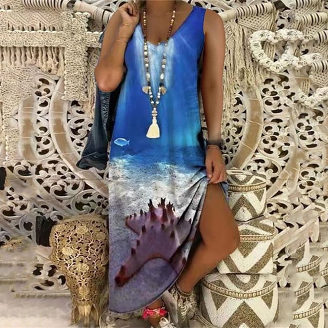 Lenago Robe de Pâques Grande Taille pour Femmes Décontractée Grande Taille à Imprimé Col en V Poches Sans Manches Maxi Longue Robe Robes d'Été de Plage en Liquidation