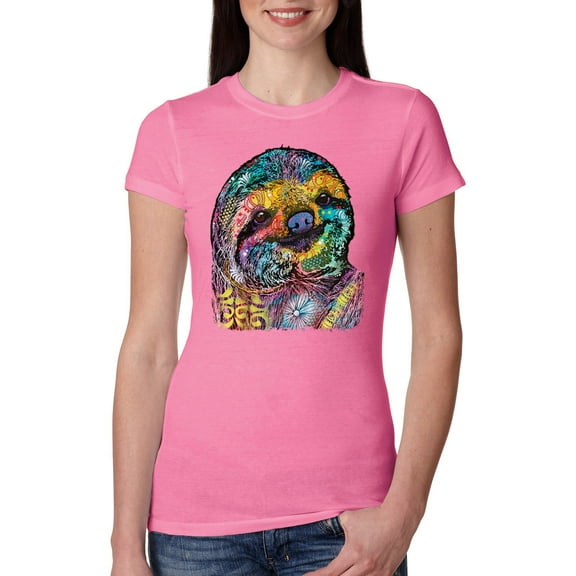 Funny Neon Sloth | Dean Russo Art Animal Lover Womens Slim Fit Junior Tee, Hot Pink, S