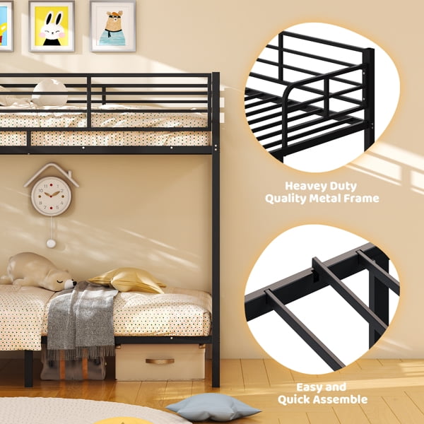 Alvantor Twin over Twin Metal Bunk Bed with 400 lb Capacity, High Guardrails and Side Ladder, Black