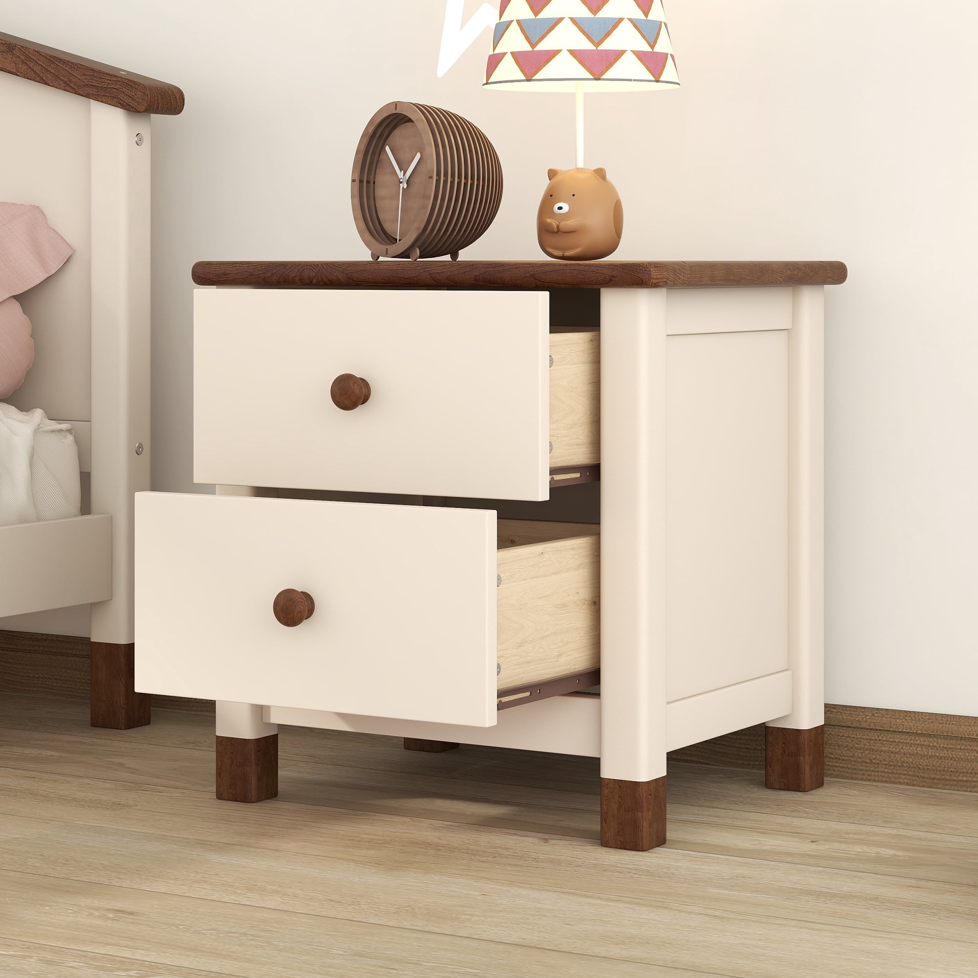 EUROCO Wooden Nightstand with Two Drawers for Kids, Pine Wood Bedside Table,  Cute Design End Table for Bedroom,Cream+Walnut