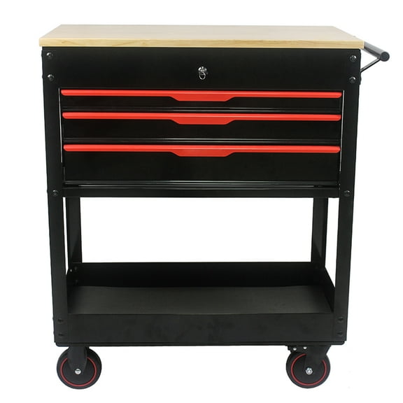 3-Drawer Tool Cart with Wooden Top, Multifunctional Rolling Tool Trolley with Wheels for Mechanics, Warehouse & Garage