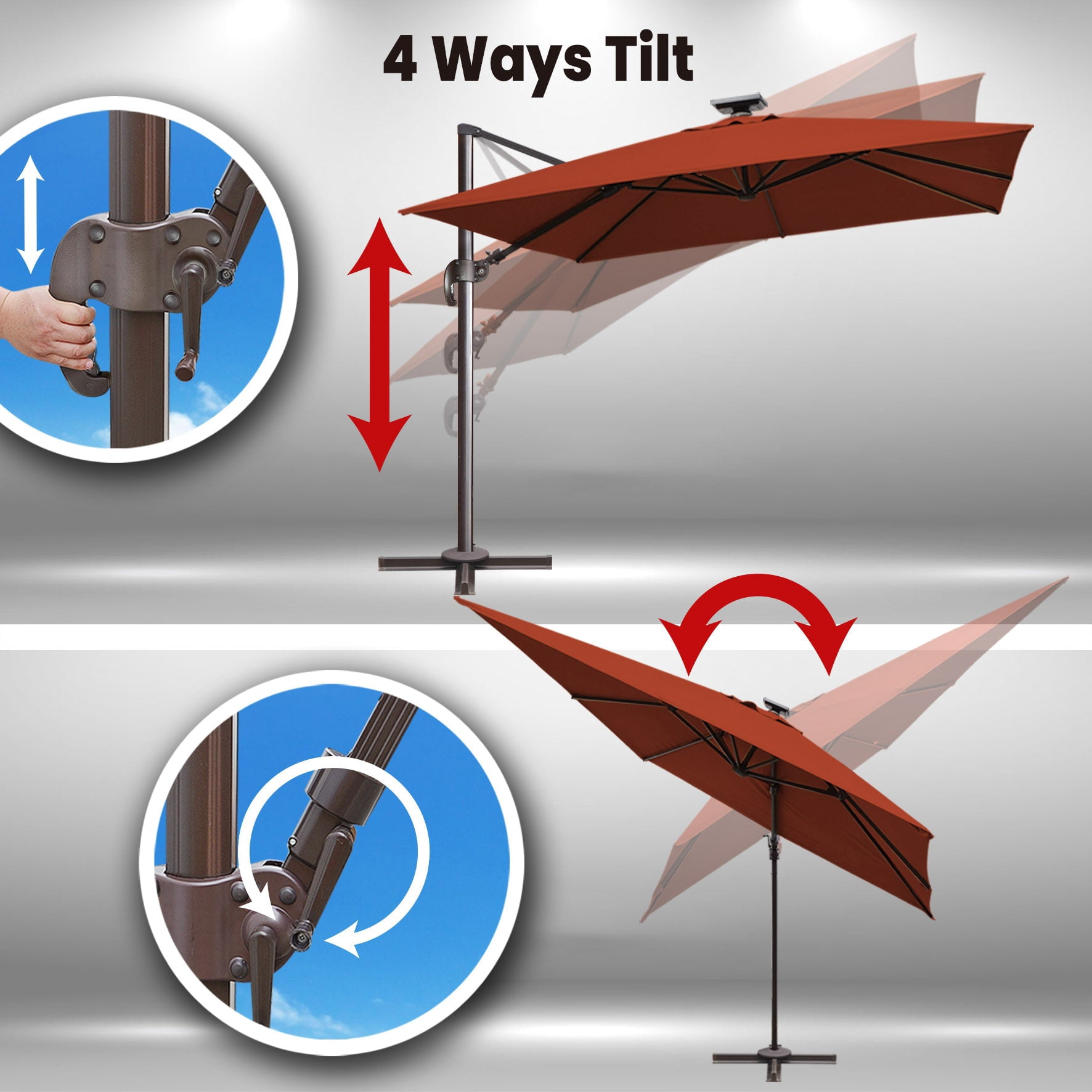 SUNRISEUMBRELLA Square 10'x10' Deluxe Roma square cantilever umbrella, With LED light(Henna)