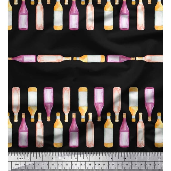 Soimoi Black Georgette Viscose Fabric Bottle Bar Print Fabric by Yard 44 Inch Wide