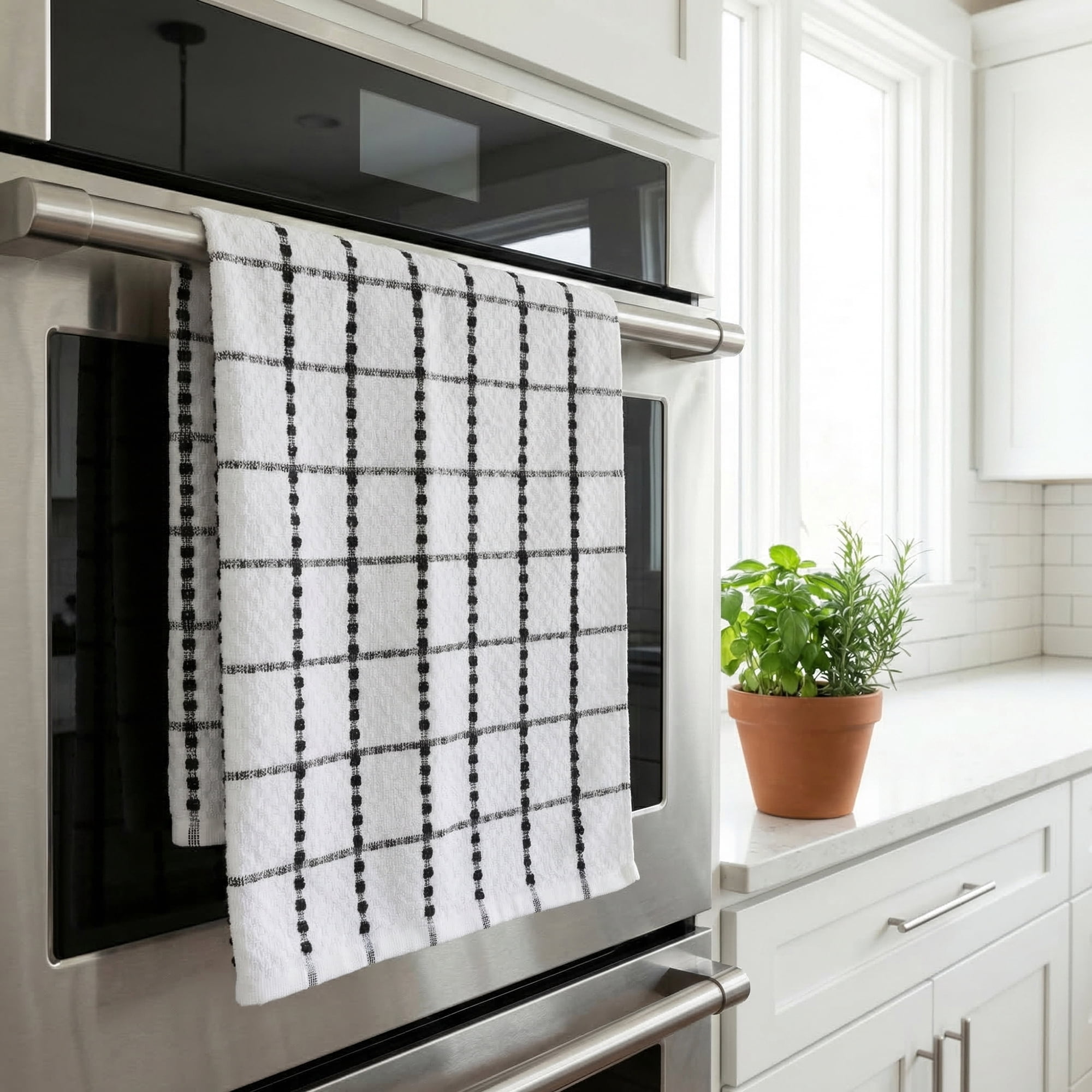 Unique Bargains 2Pcs Classic Plaid 100% Cotton Quick Dry Kitchen Towels Black 25" x 15"