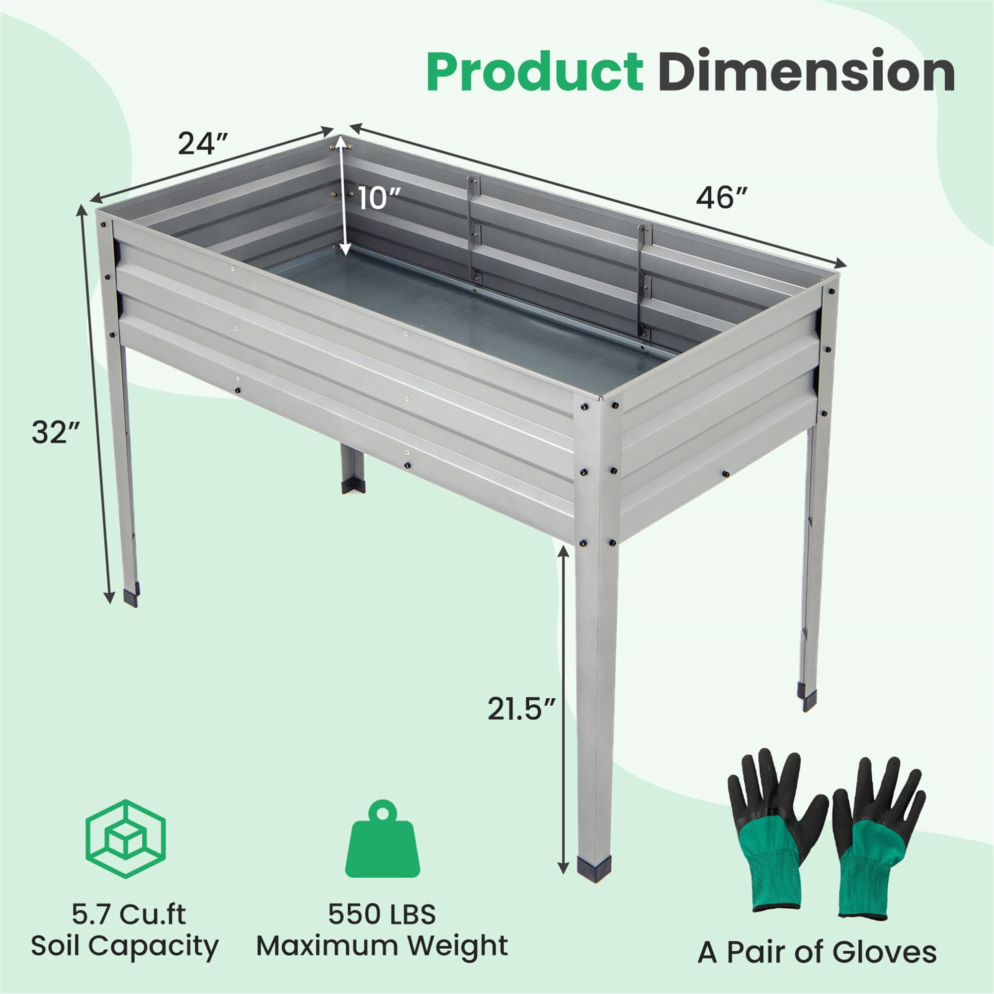 Gymax 46'' x 24'' x 32'' Galvanized Raised Garden Bed w/ Legs Drainage Holes for Flowers Sliver