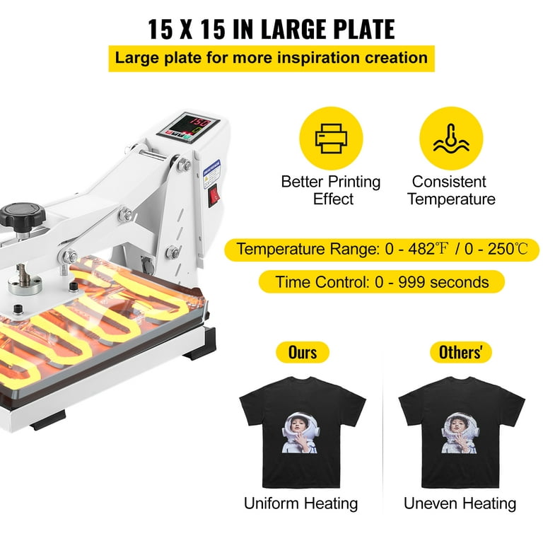 VEVOR Heat Press, 15x15 Heat Press Machine, Fast Heating, High Pressure  Heat Press Machine for T-Shirt, Power Digital Industrial Sublimation  Printer