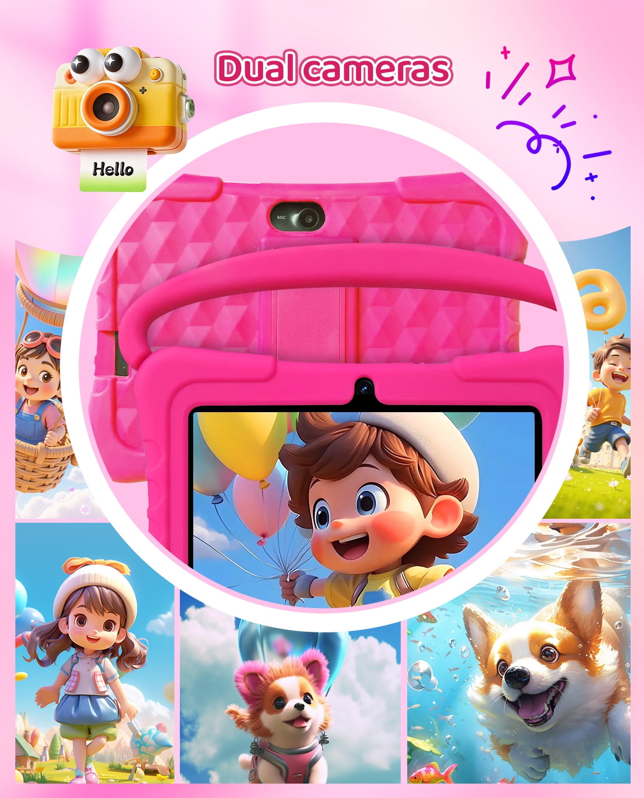 Tedupee Kids Tablet, Android 13 Kids Tablet, Quad Core Processor, 4GB(2G+2G)RAM+32GB ROM Storage, 1024 x 600 Touch Screen, WiFi, Bluetooth（Pink）