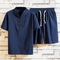 thumbnail image 4 of Edvintorg Men Short Sets Outfits 2 Piece Plus Size Men's Clothing Solid Color Casual V-Neck Beach Drawstring Short Sleeve Shirt Shorts Set Vacation Outfits Navy M, 4 of 5