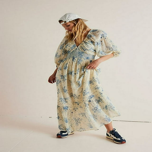PENGXIANG Robe Bohème Florale pour Femmes Col en V Taille Froncée Longue Robe Fluide