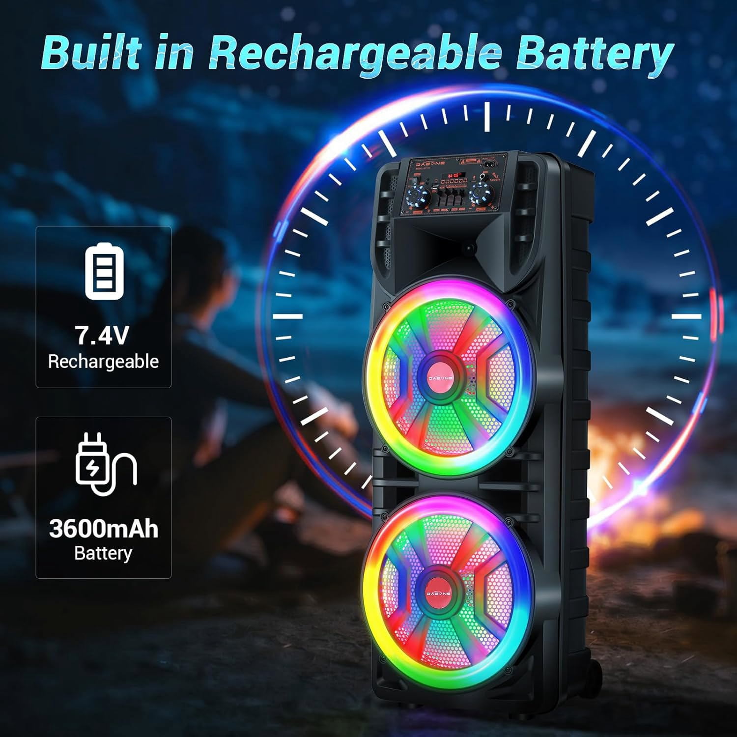 RIDWIND 8000W Peak Power Portable Bluetooth Speaker Indoor & Outdoor Dual 12" Woofers Loud Heavy Bass Sound System With Wireless Microphone RGB Party Lights Remote Control Support TWS/USB/FM/AUX/TF