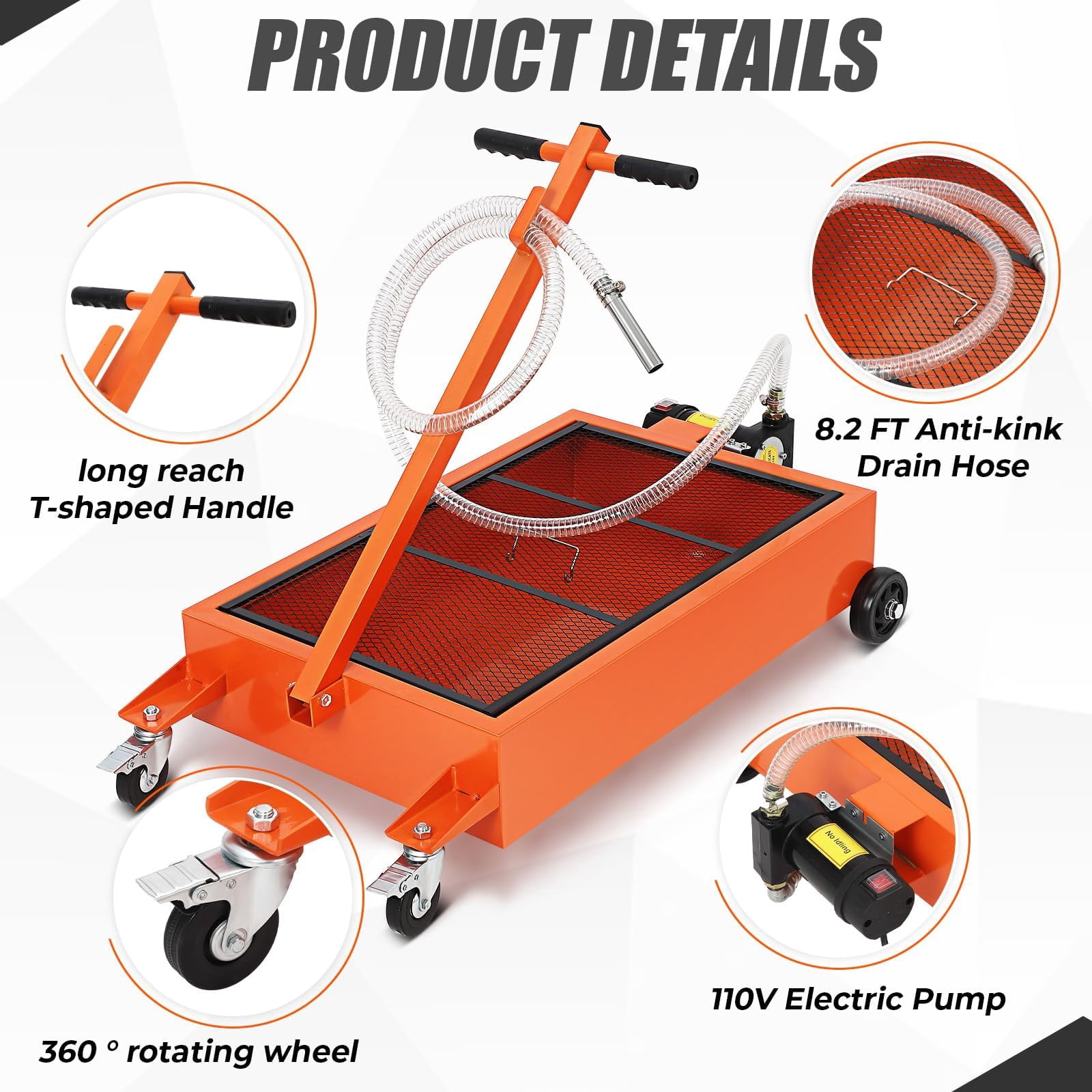 Amkui 15/20 Gallon Oil Drain Pan Low Profile Electric Oil Drain Change Pan with 110V Pump,8 ft Hose,Folding Handle Rolling Oil Drain Cart for Truck RVs Bus