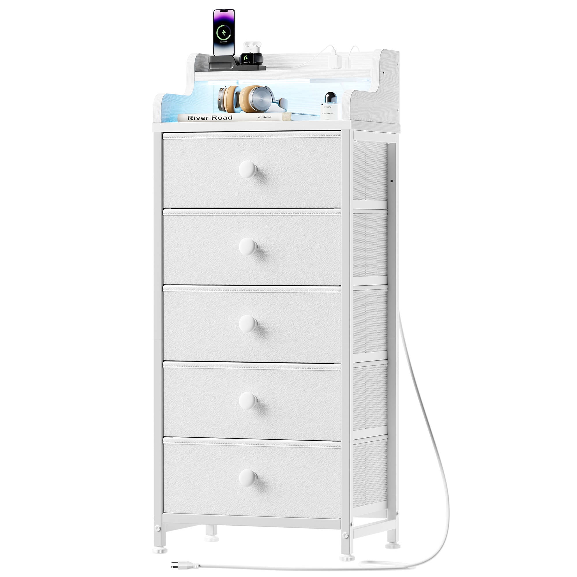 GUNAITO Led Dresser for Bedroom with 5 Drawers Tall Narrow Chest of Drawers Fabric Storage Dresser for Adults,White