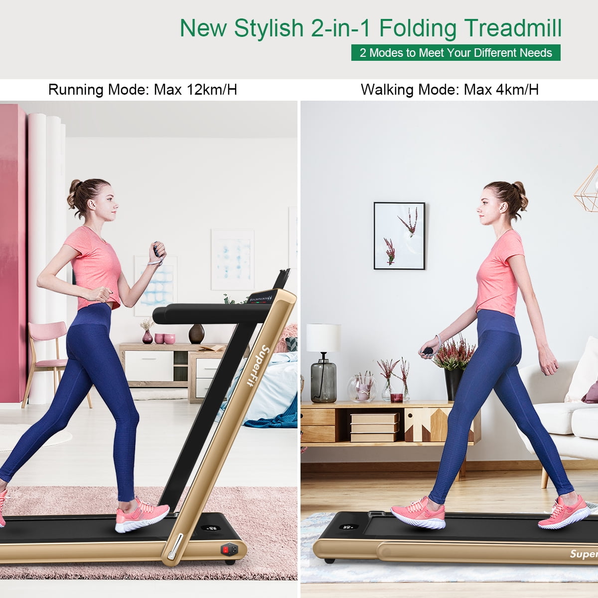Gymax 2 in 1 Folding Treadmill 2.25HP Running Machine w/ Dual Display Gold