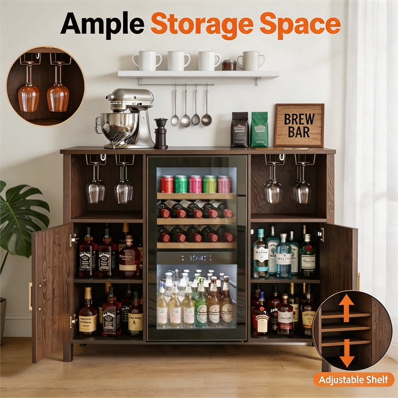 53" Brown Engineered Wood Coffee Bar Cabinet with Mini Fridge Space & Power