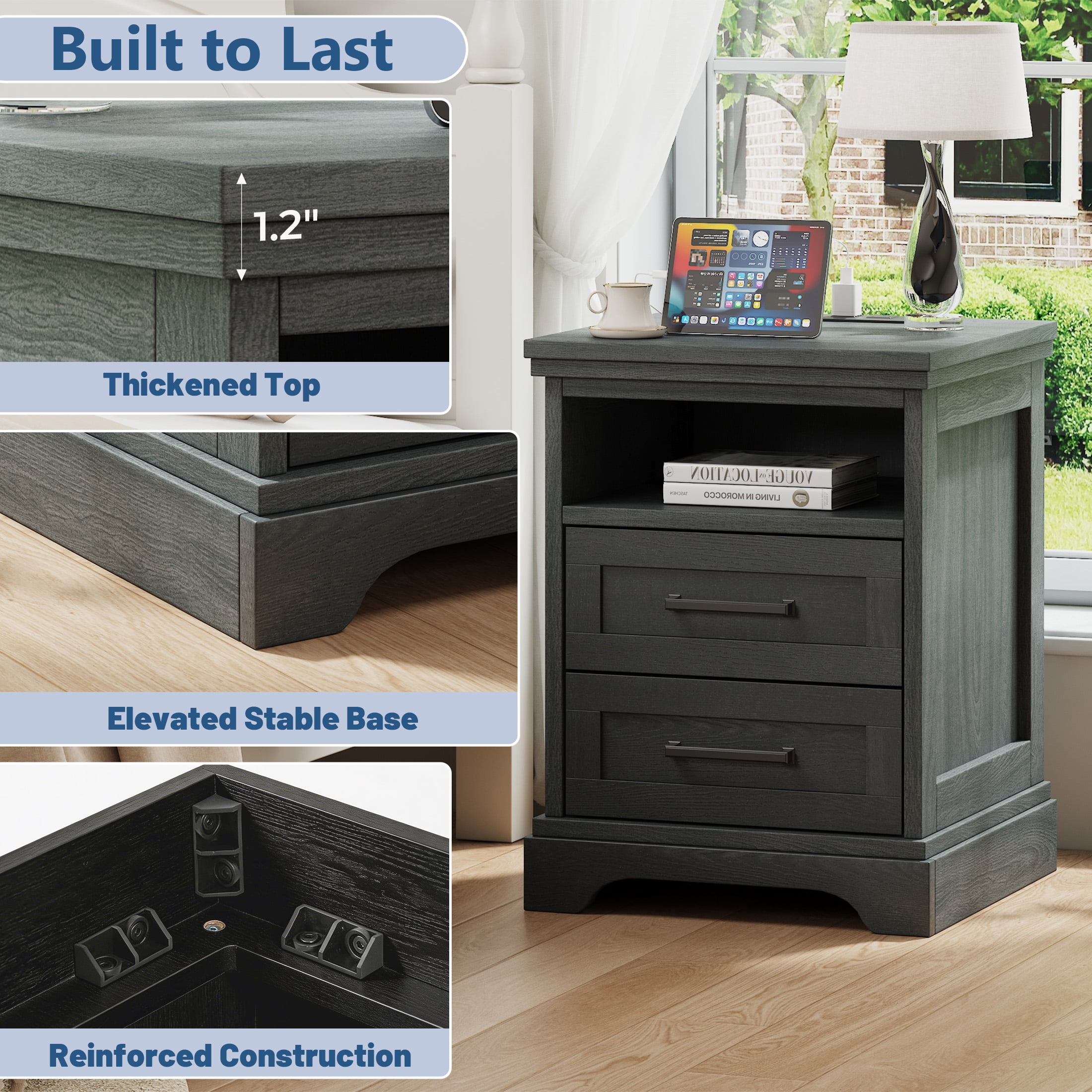 EDX 2 Drawers 24" Wood Nightstand with Drawers and Charging Station, Bedside Table for Bedroom or Living Room, Black