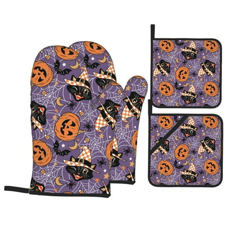 

Oven Mitts and Pot Holders 4 pcs Set pumpkin halloween cat spiderweb Heat Resistant Pot Holders Oven Mitts for kitchen Non-Slip Hanging Loop Oven Glove Potholders for Baking Cooking
