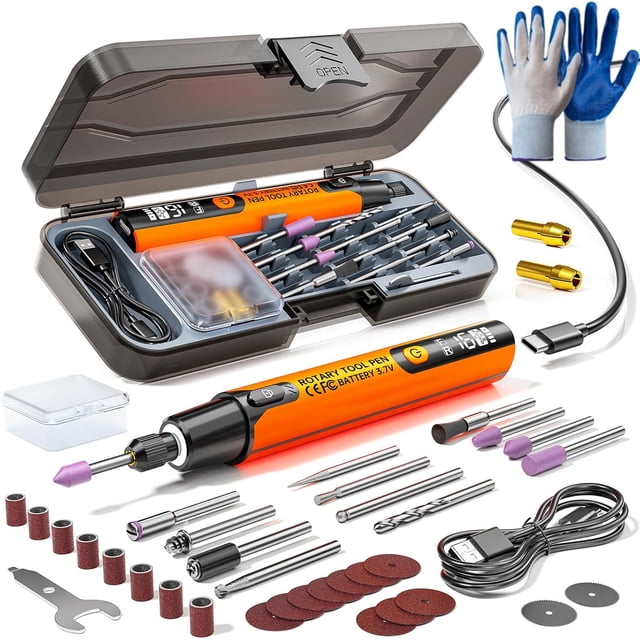 Mini Electric Rotary Tool Set with Led Light & Digital Display, 16,000 RPM Cordless Rotary Tools, 6-Speed Engraving Pen for Metal, Wood, Glass, USB Charging for Sanding, Polishing, Drilling (Orange)