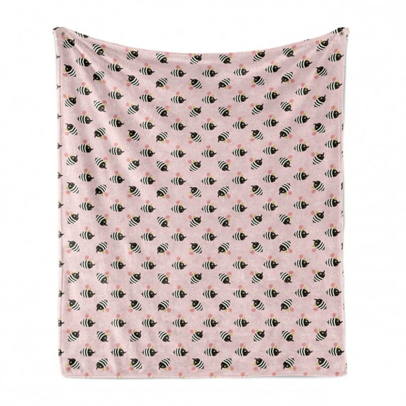 Scandinavian Soft Flannel Fleece Blanket, Cartoon Style Bees Pattern on Pastel Pink Toned Background with Dots, Cozy Plush for Indoor and Outdoor Use, 50" x 70", Pale Pink and Black, by Ambesonne