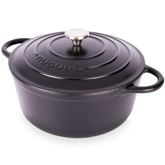 Cast Iron Dutch Oven with Lid - Non-Stick Ovenproof Enamelled Casserole Pot, Oven Safe up to 500 F - Sturdy Dutch Oven Cookware - Black, 6.4-Quart, 28cm - by Nuovva