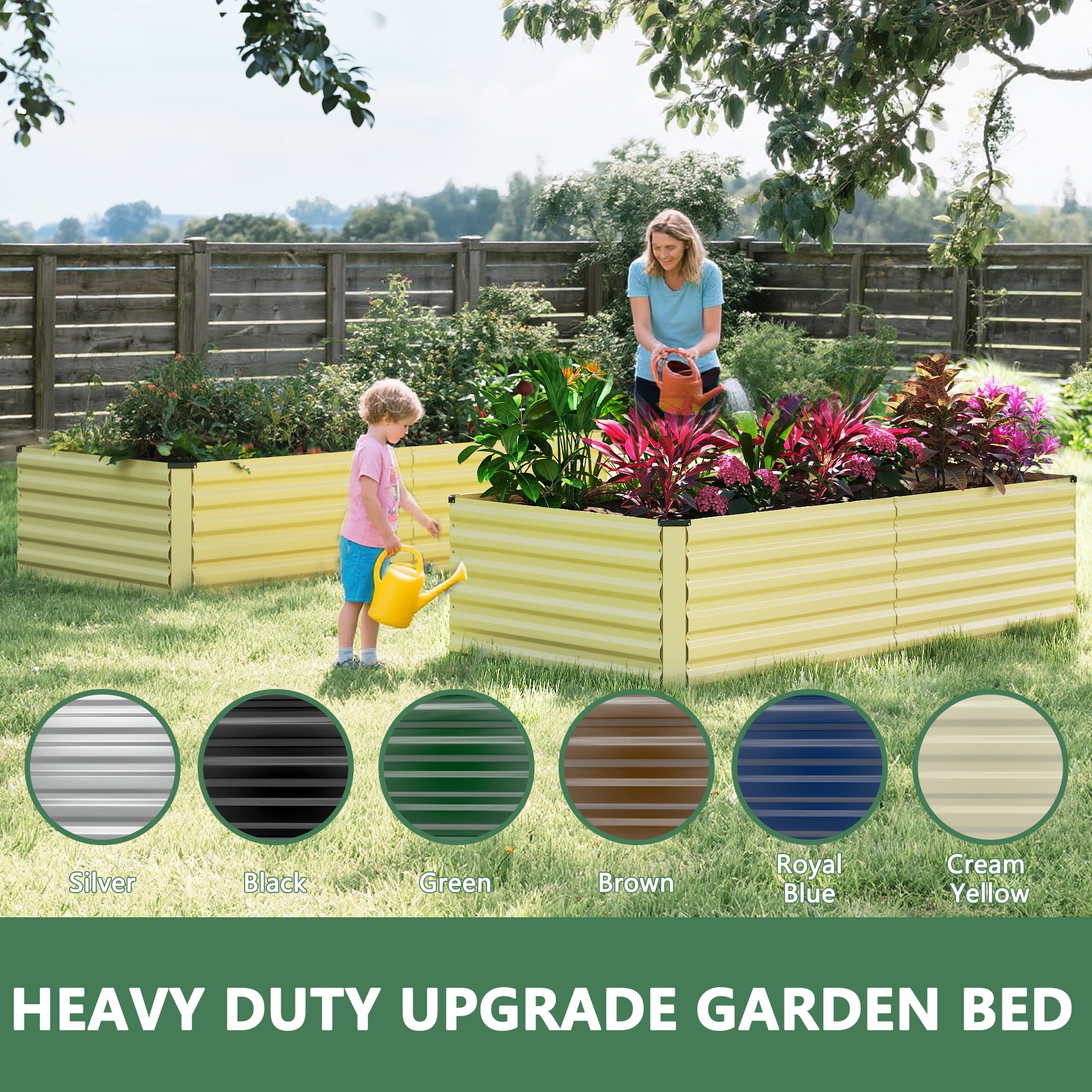 FOOWIN 2 Pack 8x4x2ft Outdoor Metal Raised Garden Bed,Planter Box for Vegetables,Flowers,Herbs w/478 Gallon Capacity, Cream Yellow