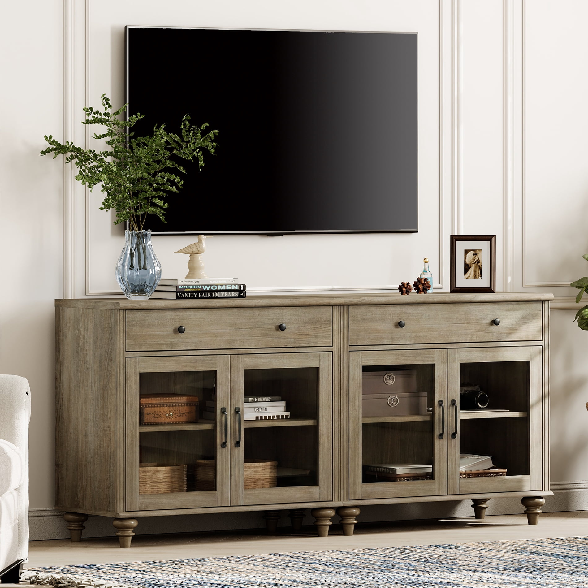 TV Stand For 75 Inch TV Inch TV, 2-In-1 TV Console Table For 43/50/60/75 Inch TV, Entertainment Center With 2 Drawers And 6 Doors, Wash Grey